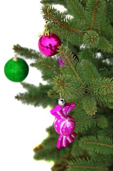 Christmas tree decorated with toys close-up                                  