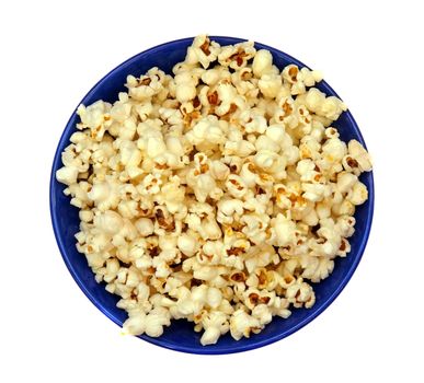 Popcorn in a blue plate closeup