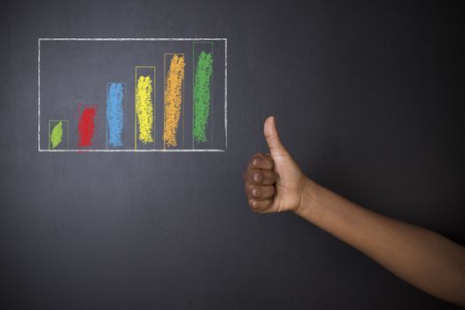 South African or African American woman teacher or student thumbs up against blackboard background with chalk bar graph