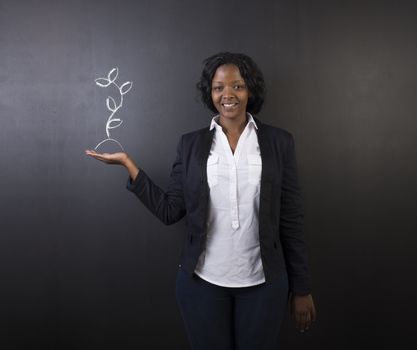 South African or African American woman teacher or student against blackboard background holding chalk growing plant