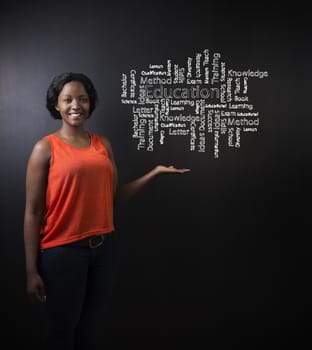 South African or African American woman teacher or student hand out against blackboard background with chalk education diagram