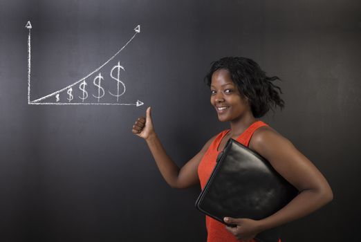 South African or African American woman teacher or student thumbs up holding a diary or book against a blackboard background with a chalk money graph