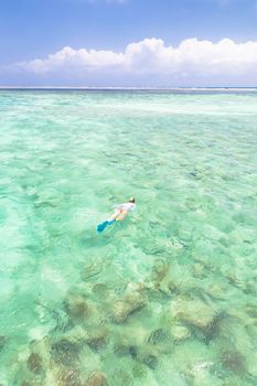 Young woman snorkeling in clear shallow sea of tropical lagoon with turquoise blue water and coral reef,  near exotic island. Mnemba island, Zanzibar, Tanzania.