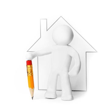 Plasticine man with pencil presenting house isolated on white background