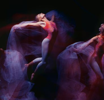 photo as art - a sensual and emotional dance of beautiful ballerina through the veil on a dark background