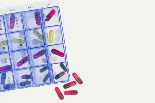 Medical treatment - Daily drugs pack to simplify taking medication at morning, noon, evening and bedtime - Space for text.