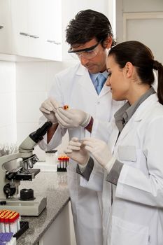 couple looking at the tubes in the lab