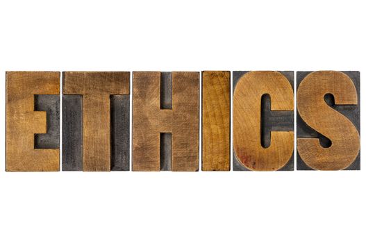 ethics word typography - isolated text in letterpress wood type printing blocks