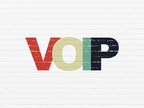 Web development concept: Painted multicolor text VOIP on White Brick wall background, 3d render