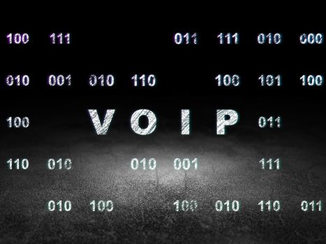 Web design concept: Glowing VOIP icon in grunge dark room with Dirty Floor, black background with Binary Code, 3d render