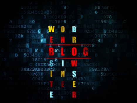 Web development concept: Pixelated red word Blog in solving Crossword Puzzle on Digital background, 3d render