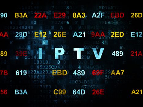 Web design concept: Pixelated blue text IPTV on Digital wall background with Hexadecimal Code, 3d render