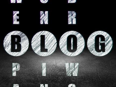 Web design concept: Glowing word Blog in solving Crossword Puzzle in grunge dark room with Dirty Floor, black background, 3d render