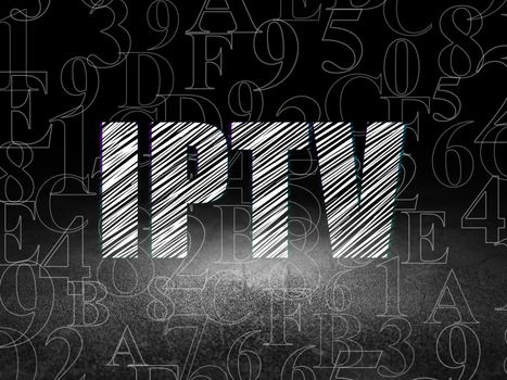 Web design concept: Glowing text IPTV in grunge dark room with Dirty Floor, black background with  Hexadecimal Code, 3d render