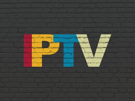 Web design concept: Painted multicolor text IPTV on Black Brick wall background, 3d render