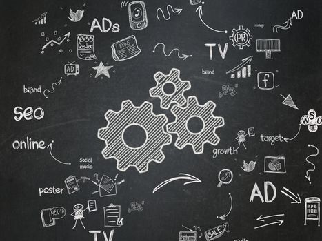 Advertising concept: Chalk White Gears icon on School Board background with Scheme Of Hand Drawn Marketing Icons, 3d render