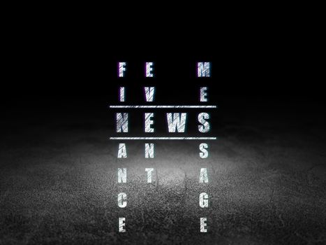 News concept: Glowing word News in solving Crossword Puzzle in grunge dark room with Dirty Floor, black background, 3d render