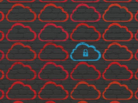 Cloud networking concept: rows of Painted red cloud icons around blue cloud with padlock icon on Black Brick wall background, 3d render
