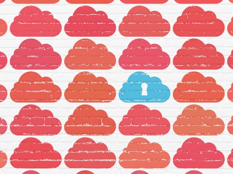 Cloud computing concept: rows of Painted red cloud icons around blue cloud with keyhole icon on White Brick wall background, 3d render