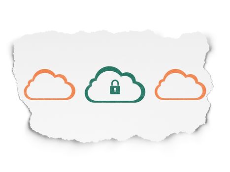 Cloud computing concept: row of Painted orange cloud icons around green cloud with padlock icon on Torn Paper background, 3d render