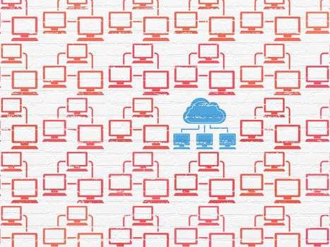 Cloud networking concept: rows of Painted red lan computer network icons around blue cloud network icon on White Brick wall background, 3d render