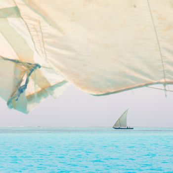 Traditional wooden sailboat sailing on a horizon of turquoise blue sea of Zanzibar, Tanzania, Afrika.