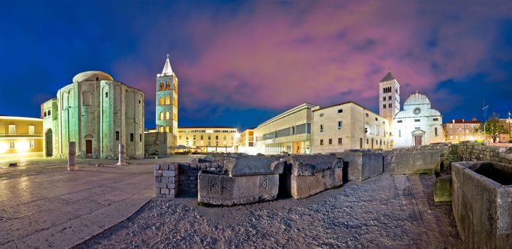 Zadar Forum square evening panorama with historic Roman artefacts, Dalmatia, Croatia