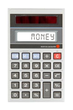 Old calculator showing a text on display - money