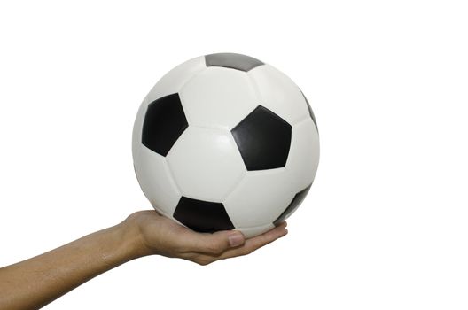 Man hand with new Black and white soccer ball isolated