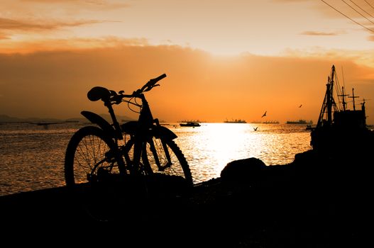 Silhouette of mountain bike at sea with sunset  skybackground