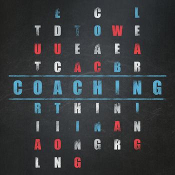 Education concept: Painted blue word Coaching in solving Crossword Puzzle on School Board background, 3d render