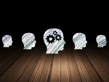 Education concept: row of Glowing head icons around head with gears icon in grunge dark room Wooden Floor, dark background, 3d render