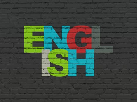 Education concept: Painted multicolor text English on Black Brick wall background, 3d render
