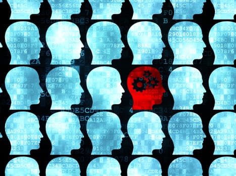 Education concept: rows of Pixelated blue head icons around red head with gears icon on Digital background, 3d render
