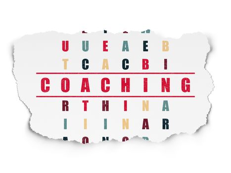 Education concept: Painted red word Coaching in solving Crossword Puzzle on Torn Paper background, 3d render