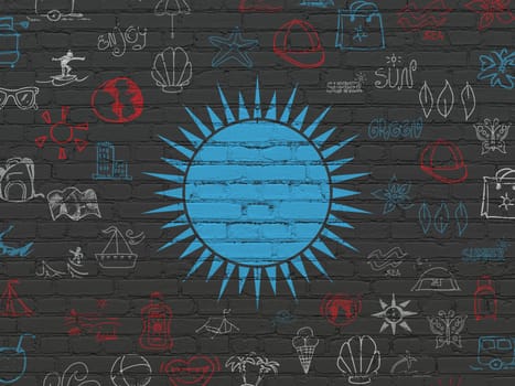 Travel concept: Painted blue Sun icon on Black Brick wall background with  Hand Drawn Vacation Icons, 3d render