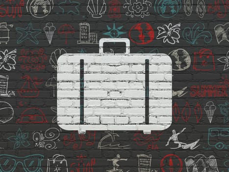 Vacation concept: Painted white Bag icon on Black Brick wall background with  Hand Drawn Vacation Icons, 3d render