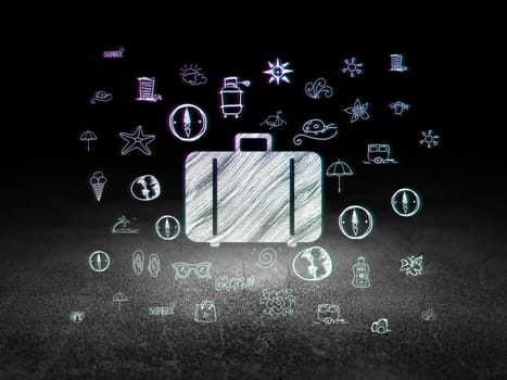 Travel concept: Glowing Bag icon in grunge dark room with Dirty Floor, black background with  Hand Drawn Vacation Icons, 3d render