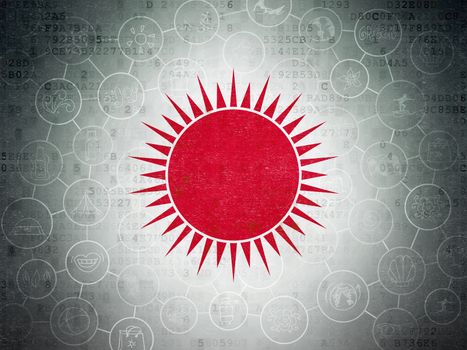 Vacation concept: Painted red Sun icon on Digital Paper background with Scheme Of Hand Drawn Vacation Icons, 3d render