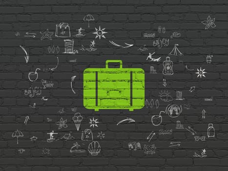 Tourism concept: Painted green Bag icon on Black Brick wall background with Scheme Of Hand Drawn Vacation Icons, 3d render