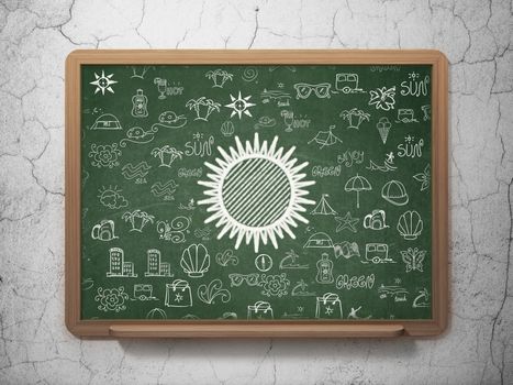 Travel concept: Chalk White Sun icon on School Board background with  Hand Drawn Vacation Icons, 3d render
