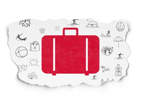 Tourism concept: Painted red Bag icon on Torn Paper background with  Hand Drawn Vacation Icons, 3d render