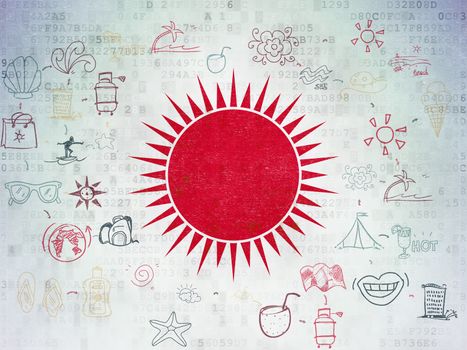 Travel concept: Painted red Sun icon on Digital Paper background with Scheme Of Hand Drawn Vacation Icons, 3d render