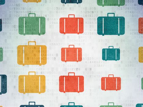 Travel concept: Painted multicolor Bag icons on Digital Paper digital background, 3d render