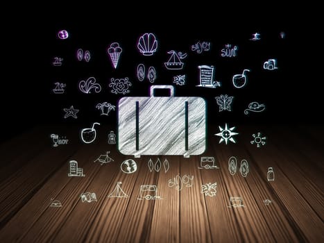Travel concept: Glowing Bag icon in grunge dark room with Wooden Floor, black background with  Hand Drawn Vacation Icons, 3d render