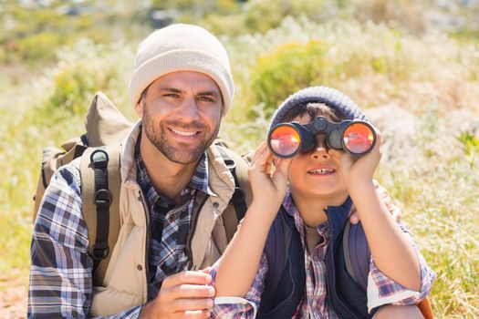 Father and son hiking in the mountains on a sunny day