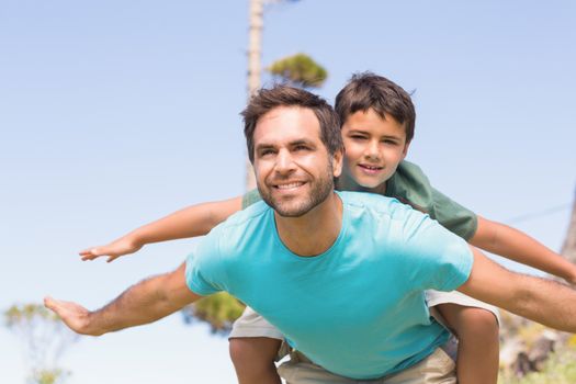 Father and son in the countryside on a sunny day