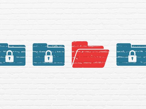 Safety concept: row of Painted blue folder with lock icons around red folder icon on White Brick wall background, 3d render