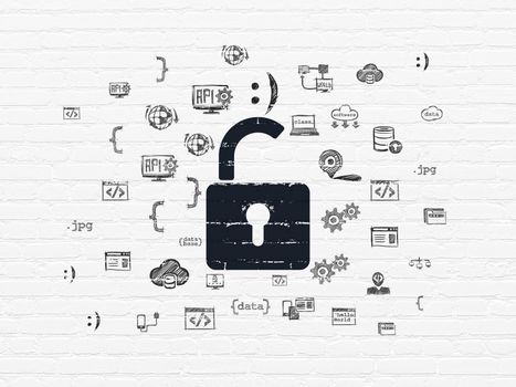 Protection concept: Painted black Opened Padlock icon on White Brick wall background with  Hand Drawn Programming Icons, 3d render