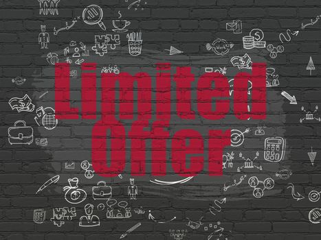 Business concept: Painted red text Limited Offer on Black Brick wall background with Scheme Of Hand Drawn Business Icons, 3d render